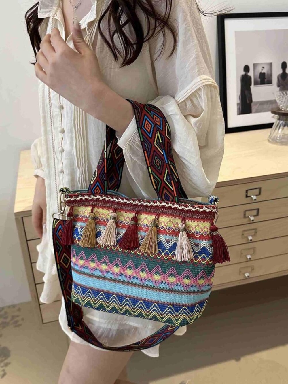boho western crossbody bags for women, boho hippie handbag tote bag, fringe colo - Picture 2 of 8